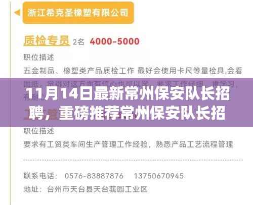 11月14日最新常州保安队长招聘启事,挑战职位,等你来应聘!